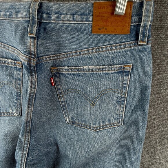 Levis Premium 501s Jeans Blue Denim Distressed Button Fly Women Straight Crop - Picture 11 of 16